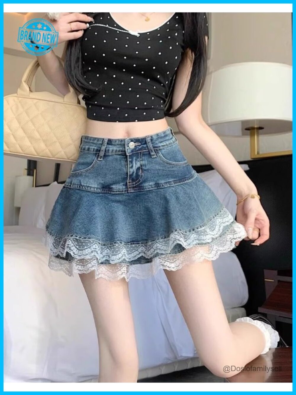 High Waist Denim Lace Mini Skirt A-Line Ruffle Y2K Kawaii Streetwear - Picture 2 of 6